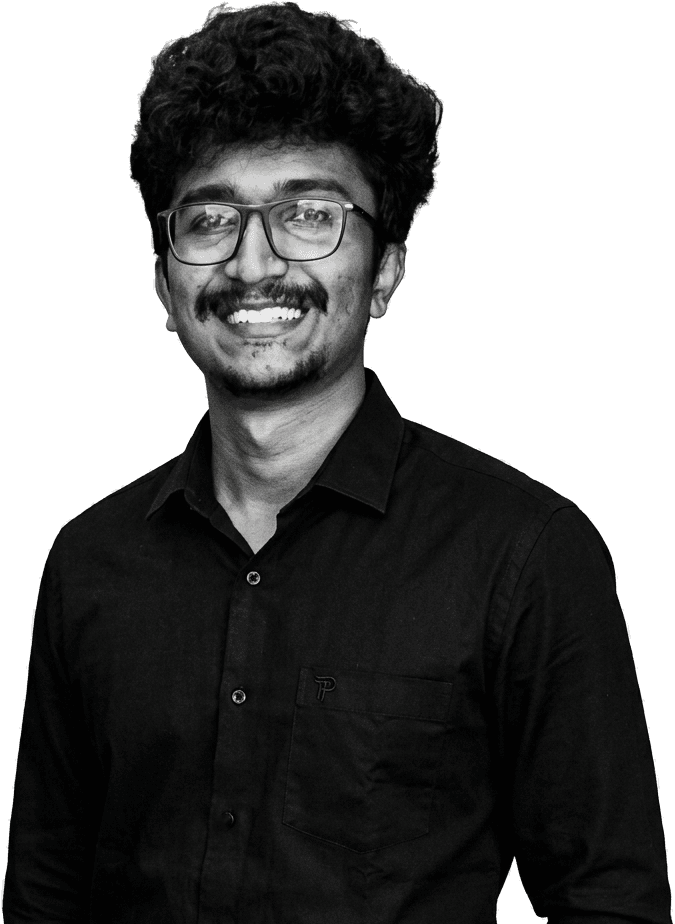 Black-and-white portrait of Dinesh M